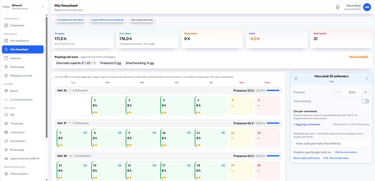 Schermata reale del modulo timesheet di BitWork